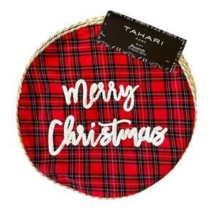 Tahari MERRY CHRISTMAS Red Tartan Plaid Placemats 15in Set of 4 Holiday New